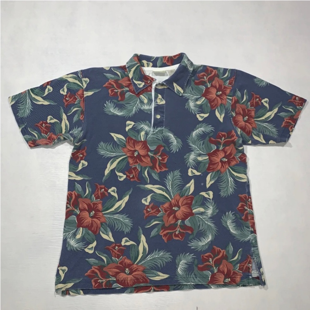 Vintage L.L. Bean Floral 100% Cotton Polo Hawaiian Shirt Men's Small
